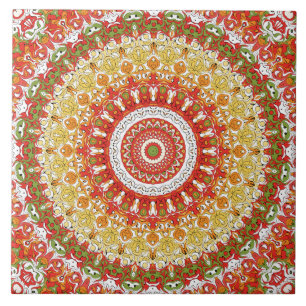 Fiesta Mandala Pattern in Red, Yellow, and Green Ceramic Tile