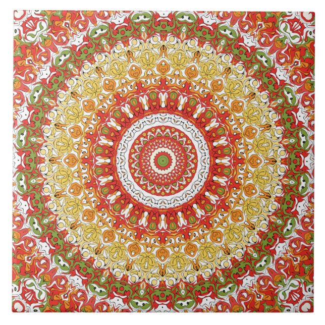 Fiesta Mandala Pattern in Red, Yellow, and Green Ceramic Tile (Front)