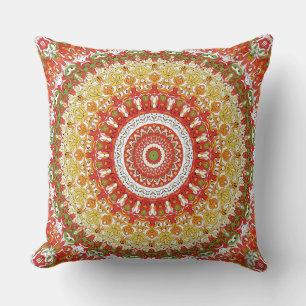 Fiesta Mandala Pattern in Red, Yellow, and Green Cushion