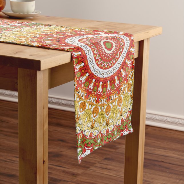 Fiesta Mandala Pattern in Red, Yellow, and Green Long Table Runner (In Situ)