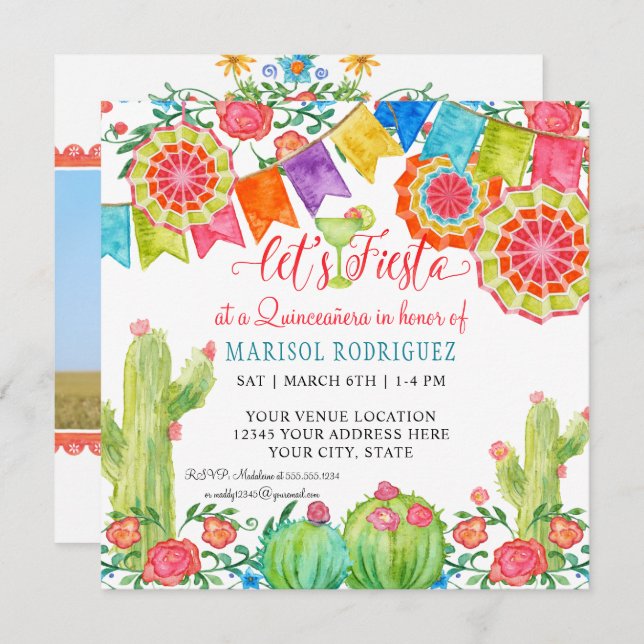 Fiesta Margarita Cactus Quinceanera Paper Fan Invitation (Front/Back)