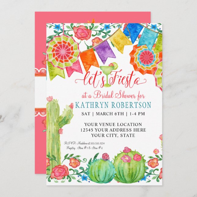 Fiesta Margarita Floral Cactus Art Bridal Shower Invitation (Front/Back)
