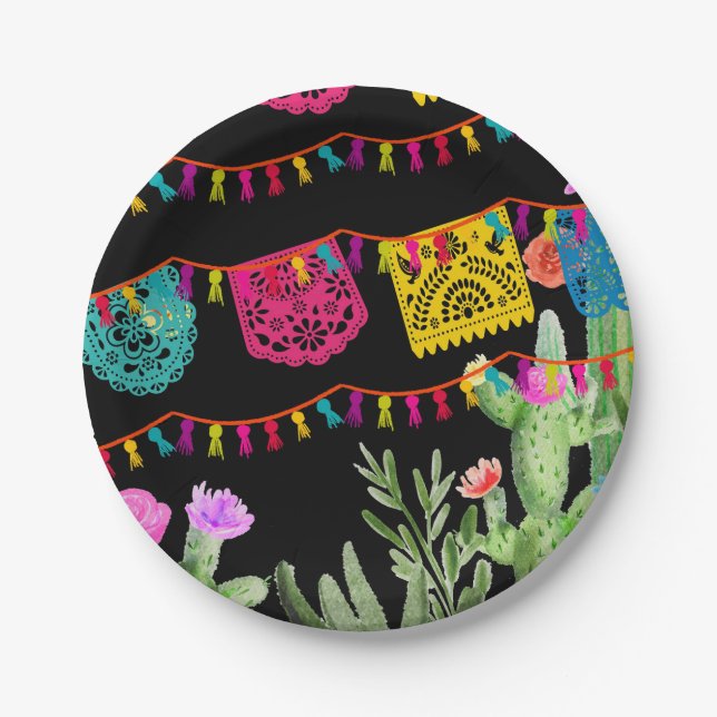 Fiesta Mexican Banners Floral Cactus Paper Plate (Front)