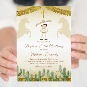 Fiesta Mexican Boy Gold Baptism & Birthday Invite