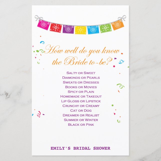 Fiesta Mexican Bridal Shower Game PRINTED (Front)