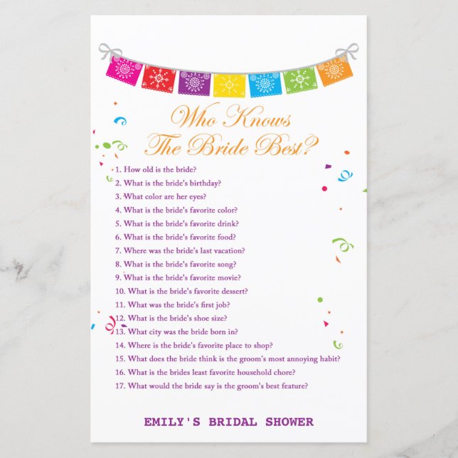 Fiesta Mexican Bridal Shower Game PRINTED (Front)