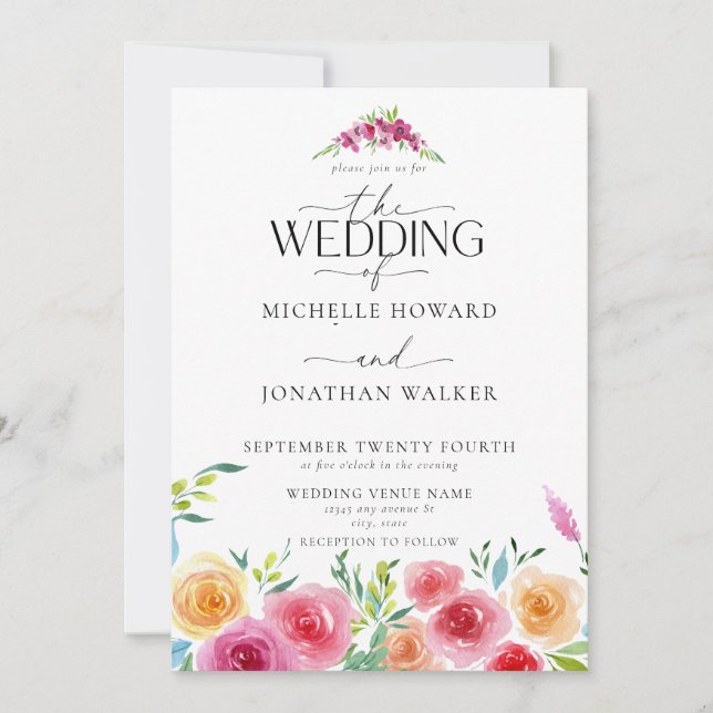 Fiesta Mexican Flowers Elegant Script QR Wedding Invitation (Front)