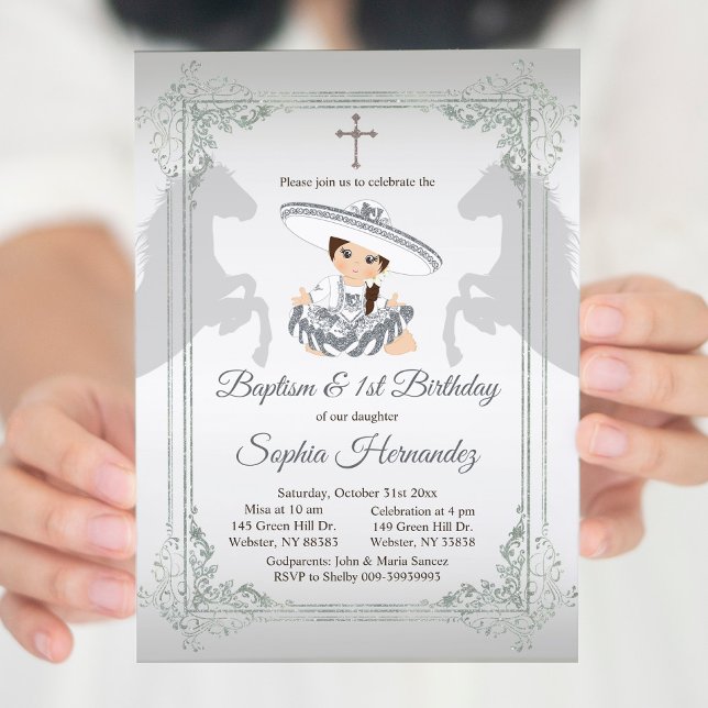 Fiesta Mexican Girl Silver Baptism & Birthday Invitation (Creator Uploaded)
