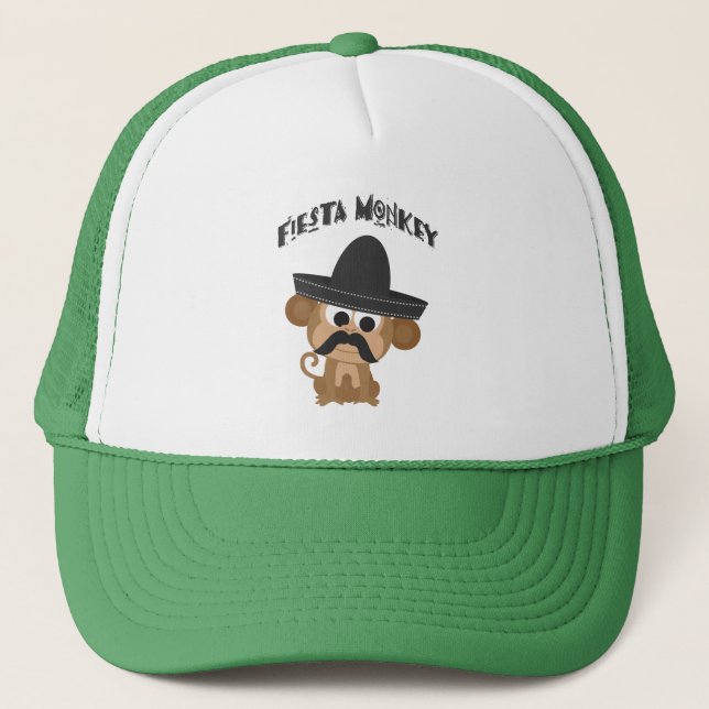 Fiesta Monkey with a Mustach and Mexican Sombrero Trucker Hat (Front)