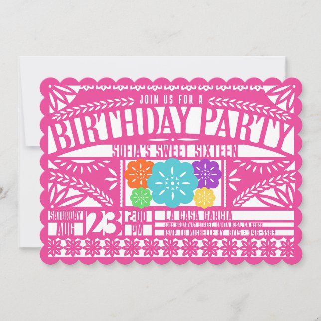 Fiesta Papel Picado Flag FUCHSIA Sweet 16 Birthday Invitation (Front)