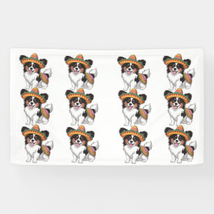 Fiesta Papillon Dog Wearing Sombrero and Sarape Banner