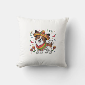 Fiesta Papillon Dog Wearing Sombrero and Sarape Cushion