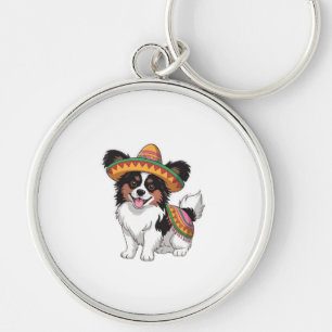 Fiesta Papillon Dog Wearing Sombrero and Sarape Key Ring