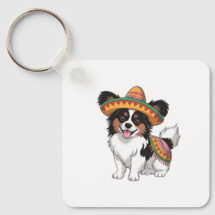 Fiesta Papillon Dog Wearing Sombrero and Sarape Key Ring