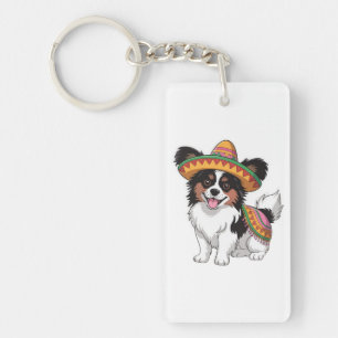 Fiesta Papillon Dog Wearing Sombrero and Sarape Key Ring