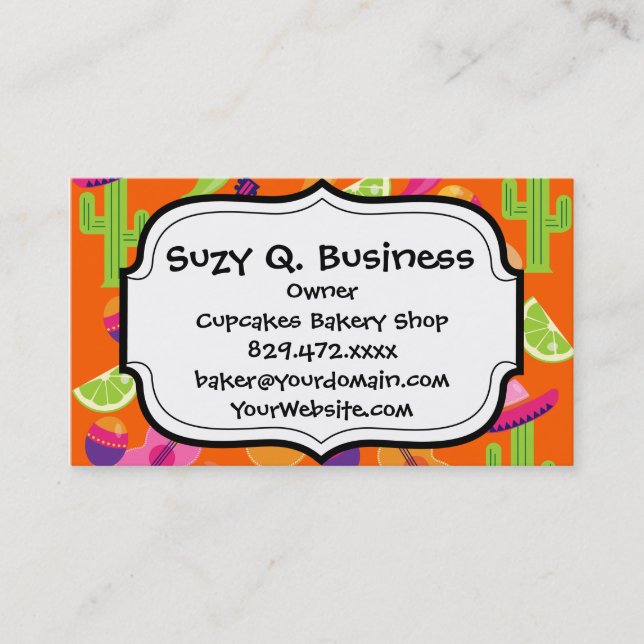 Fiesta Party Sombrero Cactus Limes Peppers Maracas Business Card (Front)