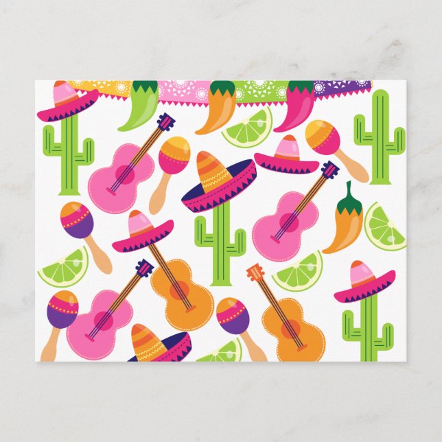 Fiesta Party Sombrero Cactus Limes Peppers Maracas Postcard (Front)
