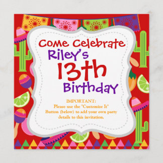 Fiesta Party Sombrero Limes Guitar Maraca Saguaro Invitation