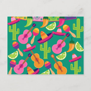 Fiesta Party Sombrero Limes Guitar Maraca Saguaro Postcard