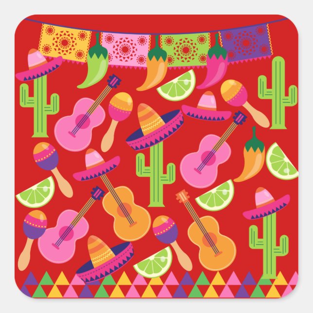 Fiesta Party Sombrero Limes Guitar Maraca Saguaro Square Sticker (Front)