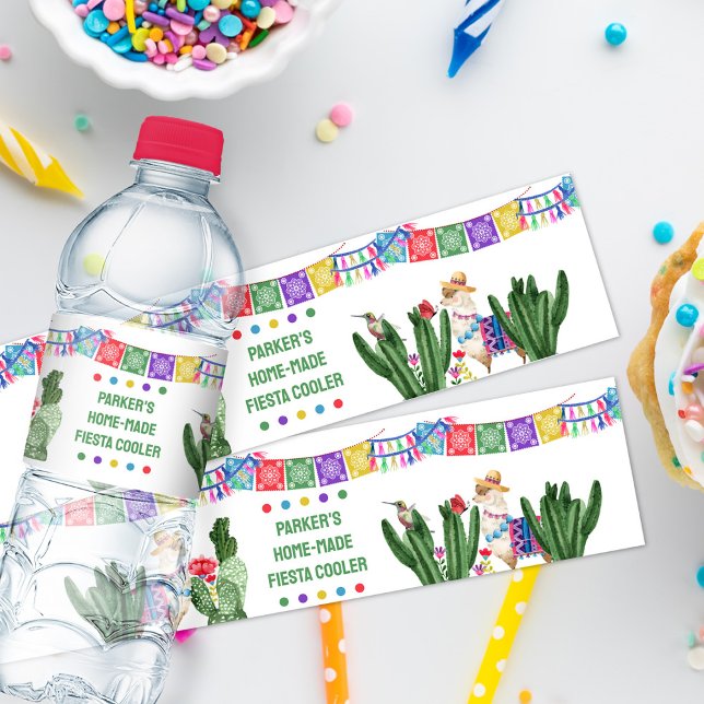Fiesta Party with Papel Picado Bunting and Cactus Water Bottle Label (Water Bottle labels with fully editable text and fiesta birthday party theme)