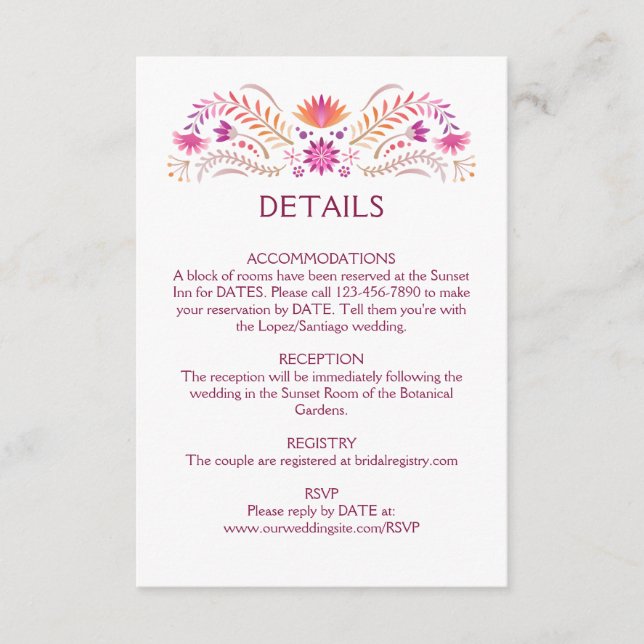 Fiesta Pink Wedding Details Enclosure Card (Front)