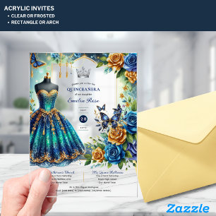 Fiesta Quinceanera Floral Butterflies Blue Gold Acrylic Invitations
