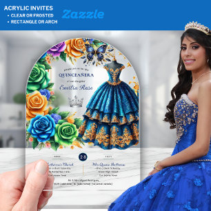 Fiesta Quinceanera Floral Butterflies Blue Gold Acrylic Invitations