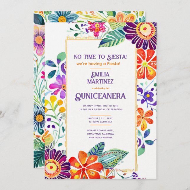 FIESTA QUINCEANERA Folkart Flowers Theme Invitation (Front/Back)