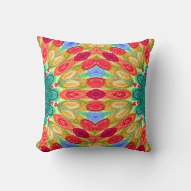 fiesta red, blue, green, yellow and orange batik cushion (Front)