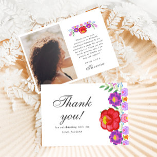 Fiesta Red Floral Photo Quinceañera Thank You Card