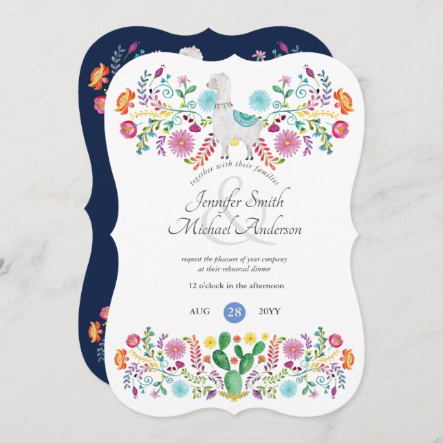 Fiesta Rehearsal Dinner Llama Folk Flowers Cacti Invitation (Front/Back)
