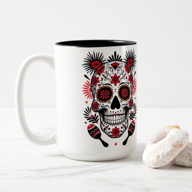 Fiesta Skull Vibes  2 Two-Tone Coffee Mug (With Donut)