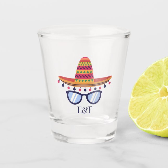 Fiesta Sombrero and Sunglasses Custom Initials Shot Glass (Front)