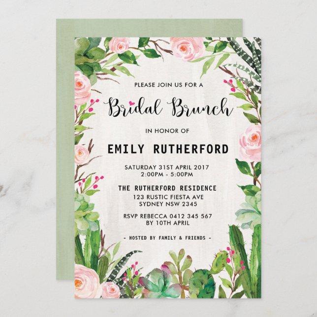 Fiesta Succulent Boho Bridal Brunch Invitation (Front/Back)