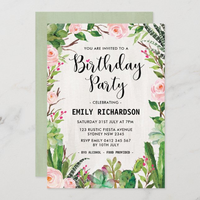 Fiesta Succulent Floral Birthday Party Invite (Front/Back)