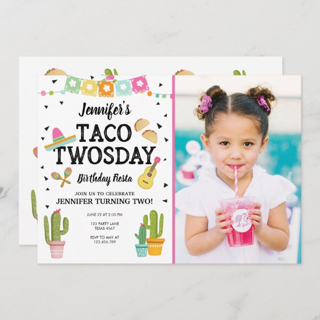 Fiesta Taco Twosday Cactus Girl 2nd Birthday Party Invitation (Front/Back)