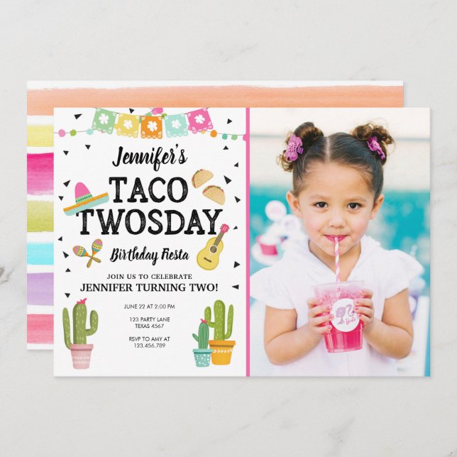 Fiesta Taco Twosday Cactus Girl 2nd Birthday Party Invitation (Front/Back)
