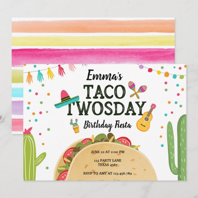 Fiesta Taco Twosday Cactus Girl 2nd Birthday Party Invitation (Front/Back)