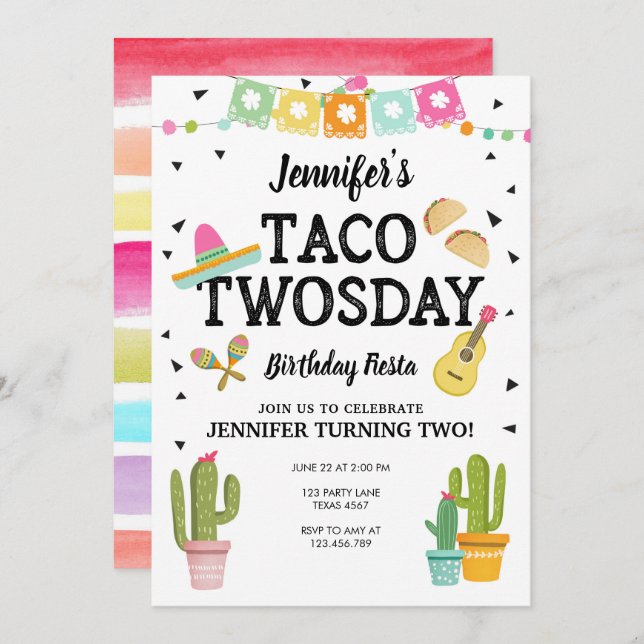 Fiesta Taco Twosday Cactus Girl 2nd Birthday Party Invitation (Front/Back)