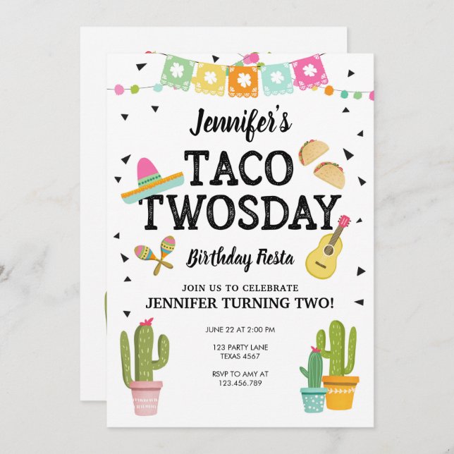 Fiesta Taco Twosday Cactus Girl 2nd Birthday Party Invitation (Front/Back)