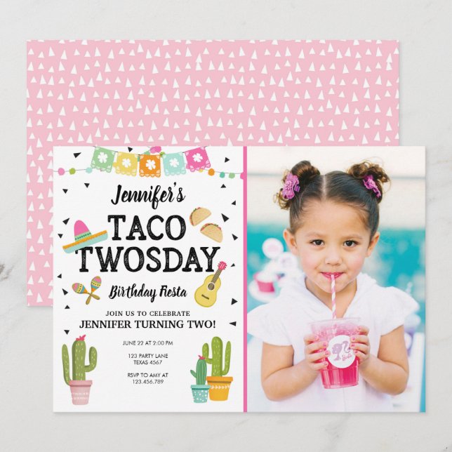Fiesta Taco Twosday Cactus Girl 2nd Birthday Party Invitation (Front/Back)