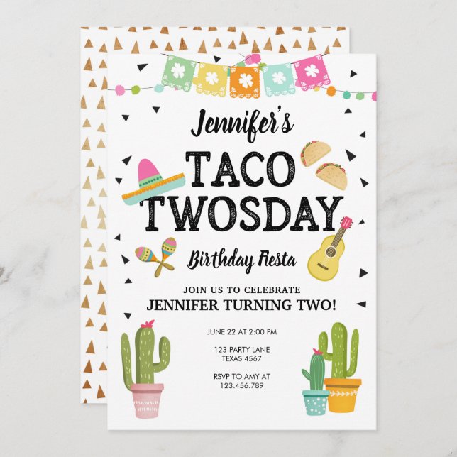 Fiesta Taco Twosday Cactus Girl 2nd Birthday Party Invitation (Front/Back)