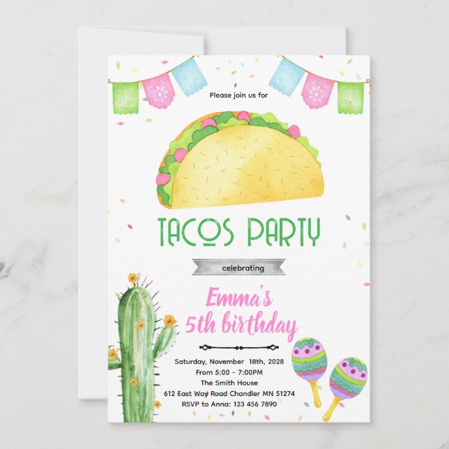 Fiesta tacos girl theme invitation  (Front)