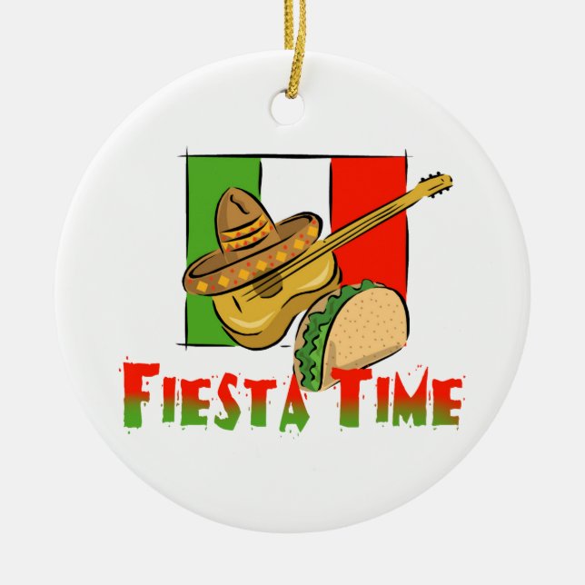 Fiesta Time Taco, Sombrero, Guitar Ceramic Ornament (Front)