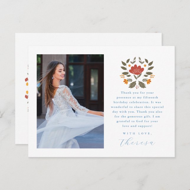 Fiesta Two Photo Blue Quinceanera Floral Thank You Postcard (Front/Back)