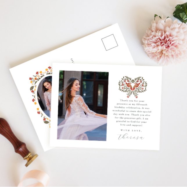 Fiesta Two Photo Quinceanera Floral Thank You Postcard (Creator Uploaded)