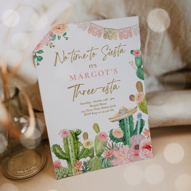 Fiesta Watercolor Cactus Three-esta Birthday Party Invitation (Creator Uploaded)
