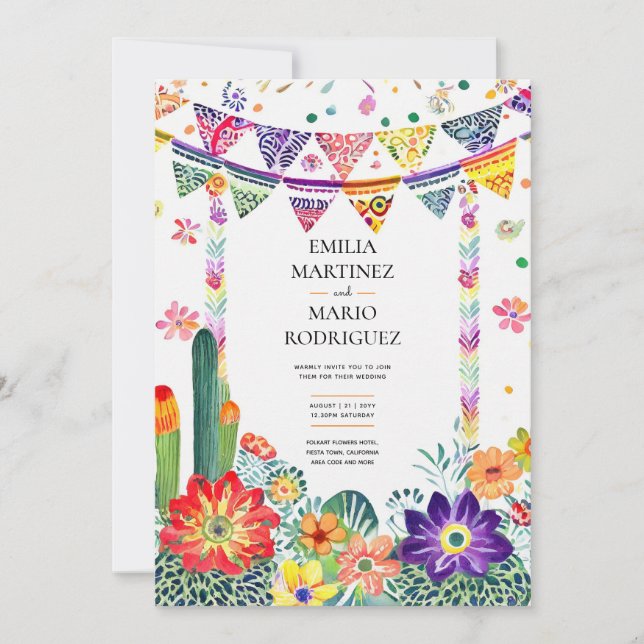 FIESTA WEDDING - Folkart Flowers Modern Invitation (Front)