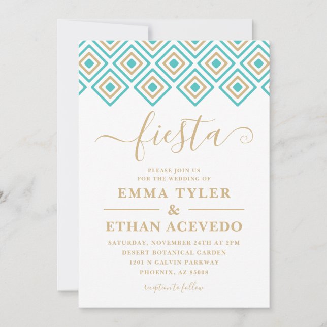 Fiesta Wedding Invitation, Blue and Gold Invitation (Front)